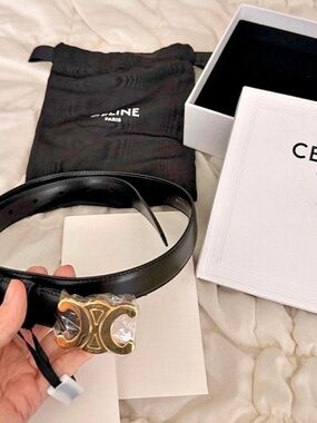 Celine Medium Triomphe Belt in Smooth Calfskin Black Waist 80